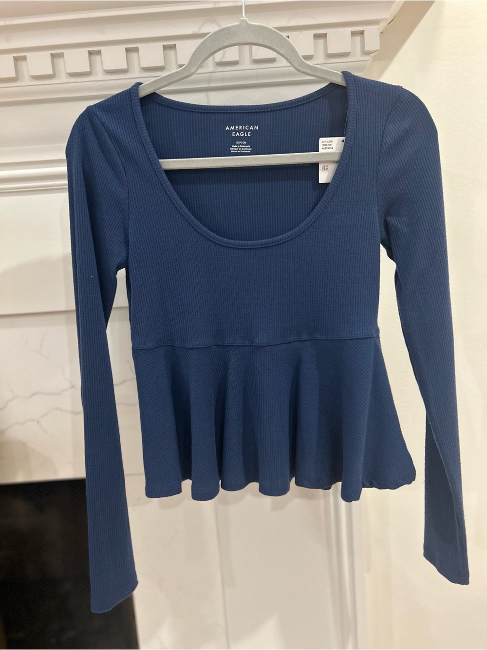 American Eagle Outfitters Navy Ribbed Peplum Long-Sleeve Top